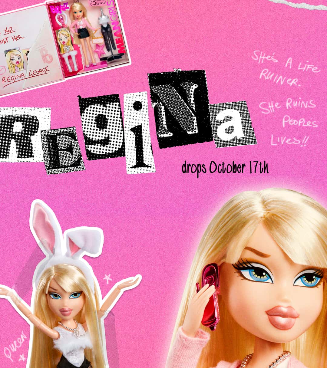Mean Girls Regina on pink background various images of dolls