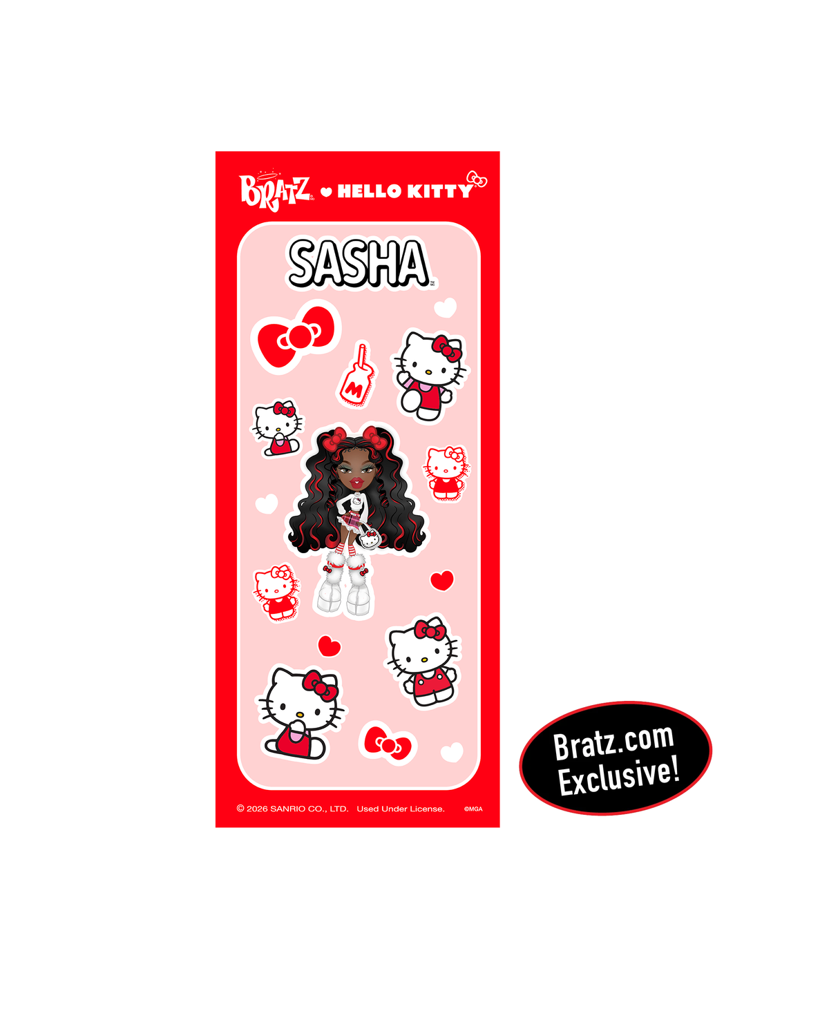 UK| Bratz x Hello Kitty Sasha sticker sheet featuring Sasha and multiple Hello Kitty stickers on a pink background, with a black Bratz.com Exclusive badge on the right.