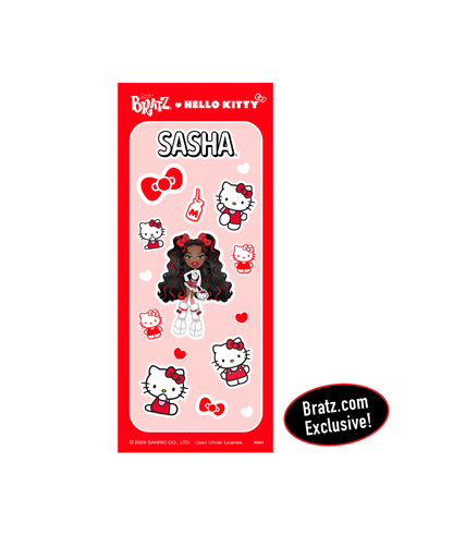 UK| Bratz x Hello Kitty Sasha sticker sheet featuring Sasha and multiple Hello Kitty stickers on a pink background, with a black Bratz.com Exclusive badge on the right.