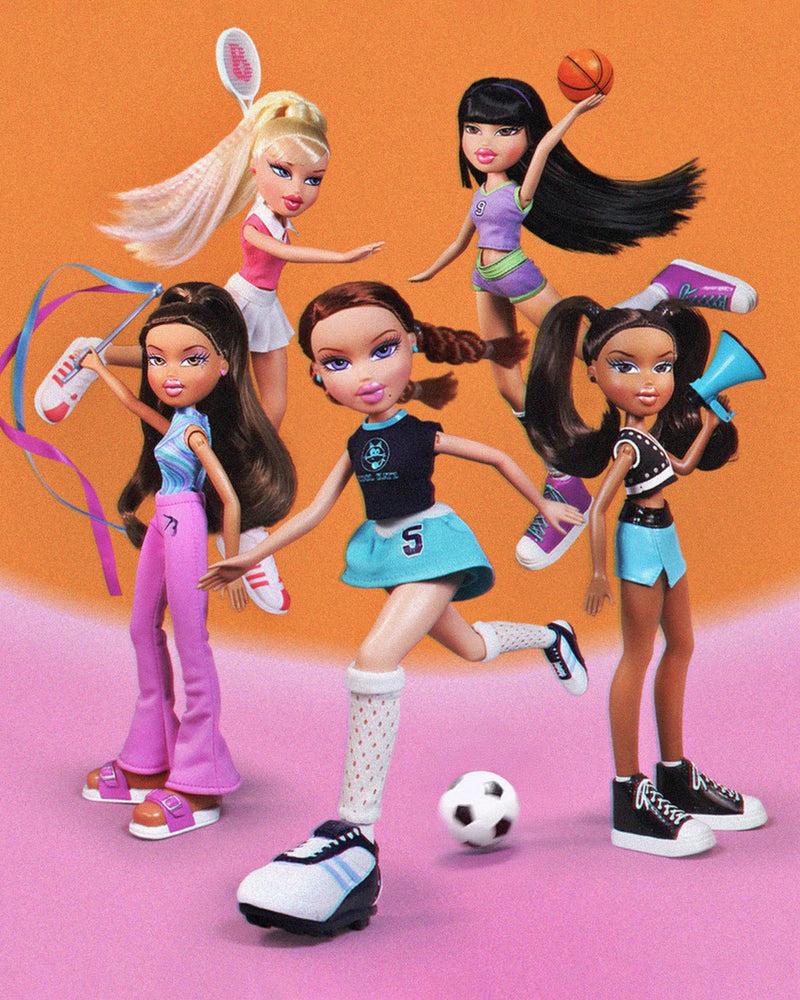 Play Sportz dolls in various sports poses on a pink and orange background