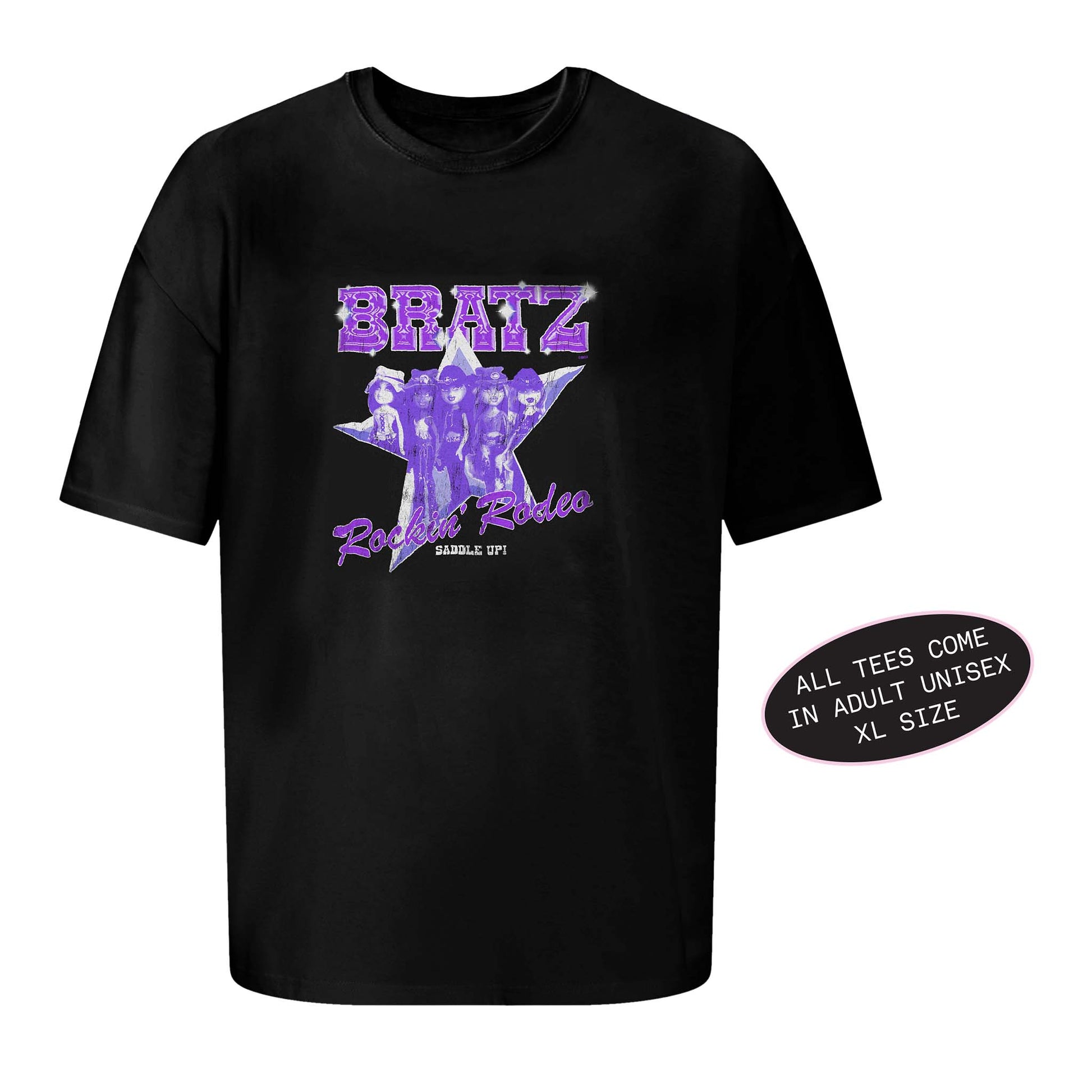 Black t-shirt with purple 'Bratz Rockin Rodeo' graphic design 