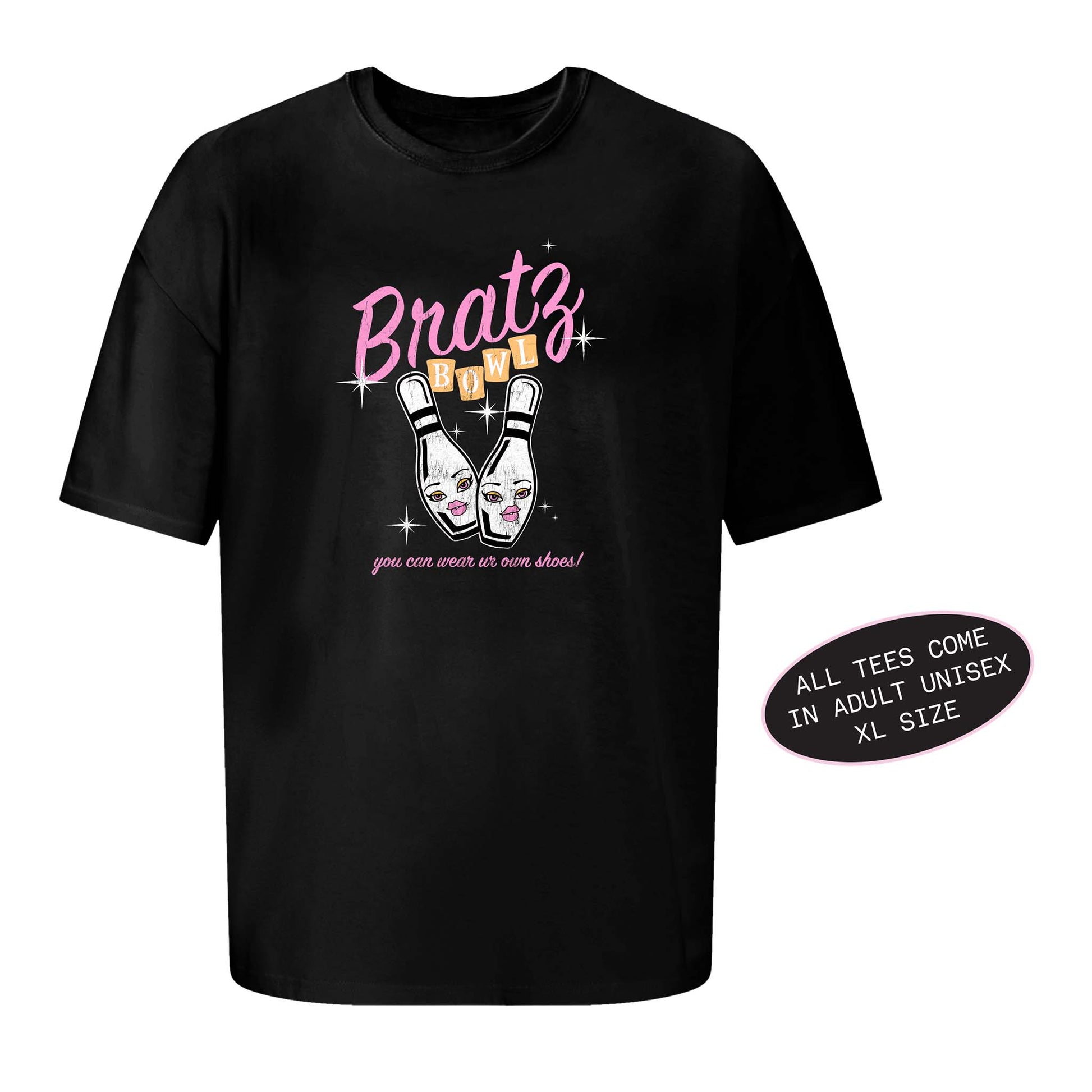 Black t-shirt with 'Bratz' bowling pin graphic design 