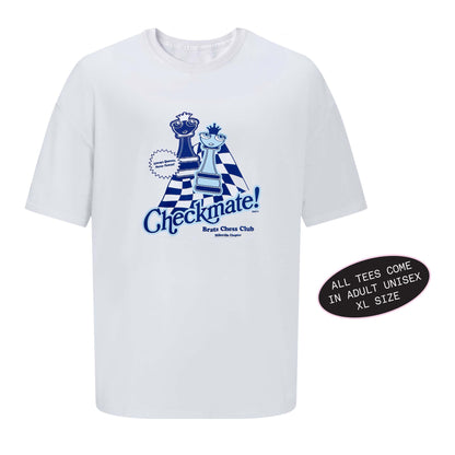 White t-shirt with blue chess-themed design 'Checkmate!'
