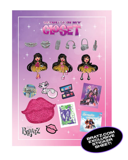 free exclusive sticker sheet featuring various themed stickers including lip prints, miniature accessories, character figures